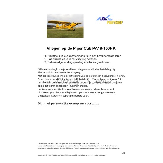 E-book Vliegen op de Piper Cub PA18-150HP – staartwiel training handleiding PDF